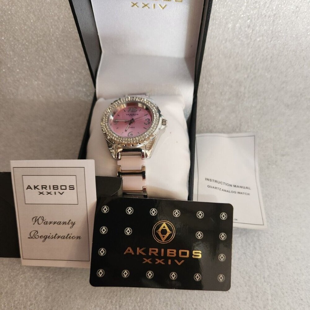 Akribos XXIV Womens Pink Genuine Ceramic Quartz Movement Watch AK514PK